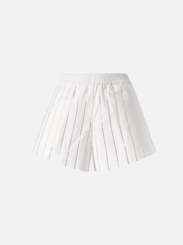 Meave Cotton Poplin Pull Up Shorts With Striped Rhinestone Embellishment White Pant