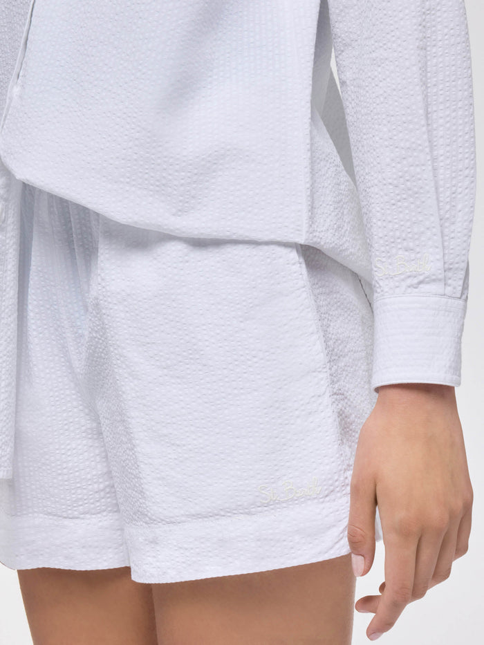 Meave White Seersucker Cotton Pull-Up Shorts Pant