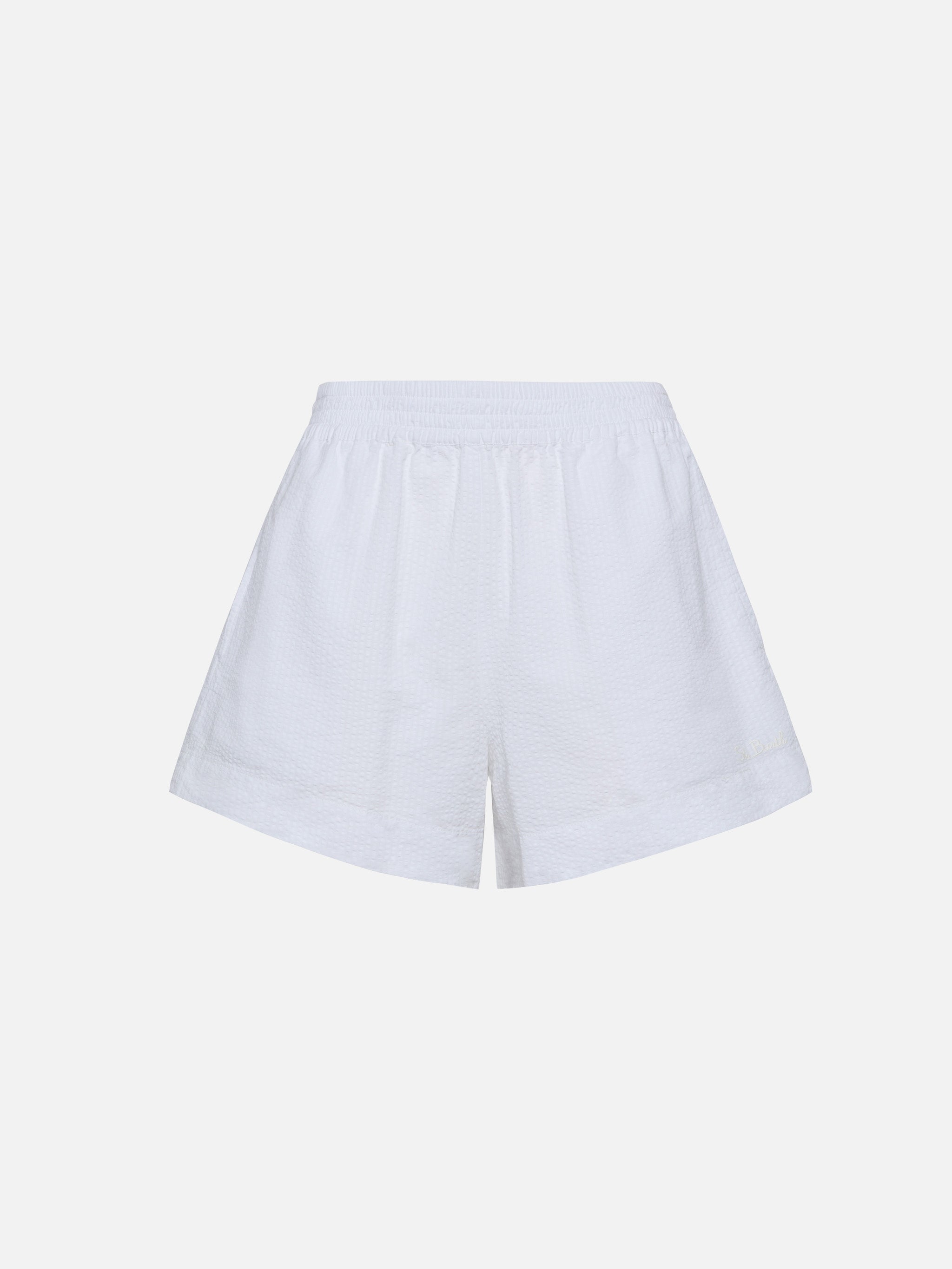 Meave White Seersucker Cotton Pull-Up Shorts Pant