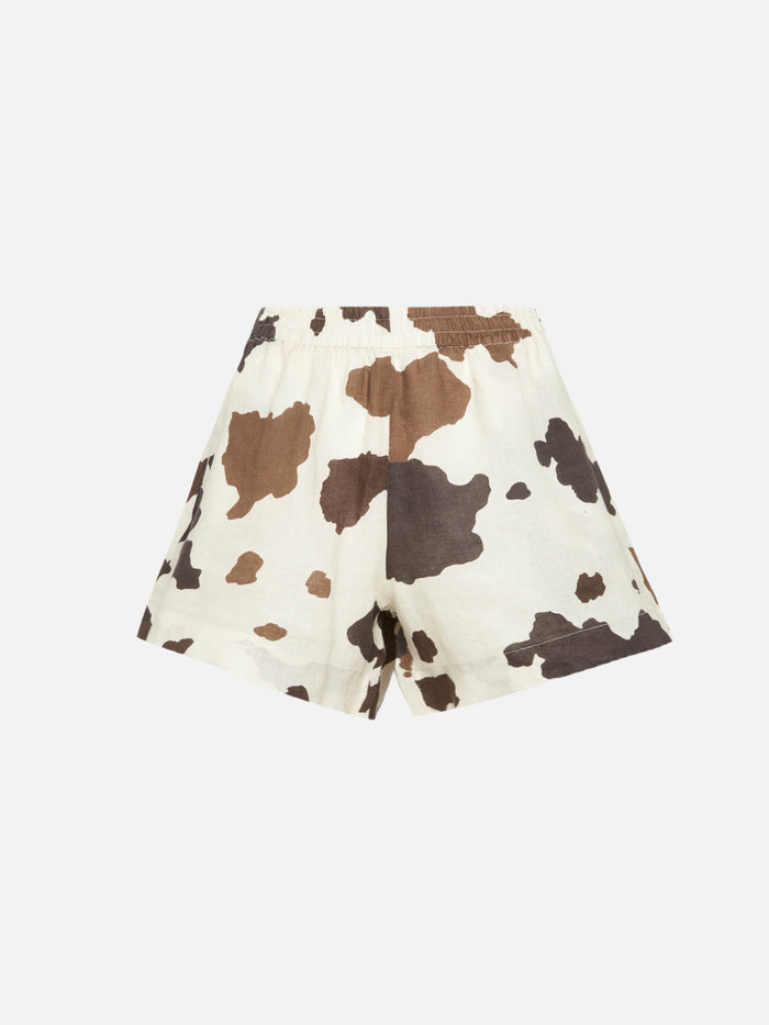 Meave Linen Pull Up Shorts With Cow Skin Print White Pant
