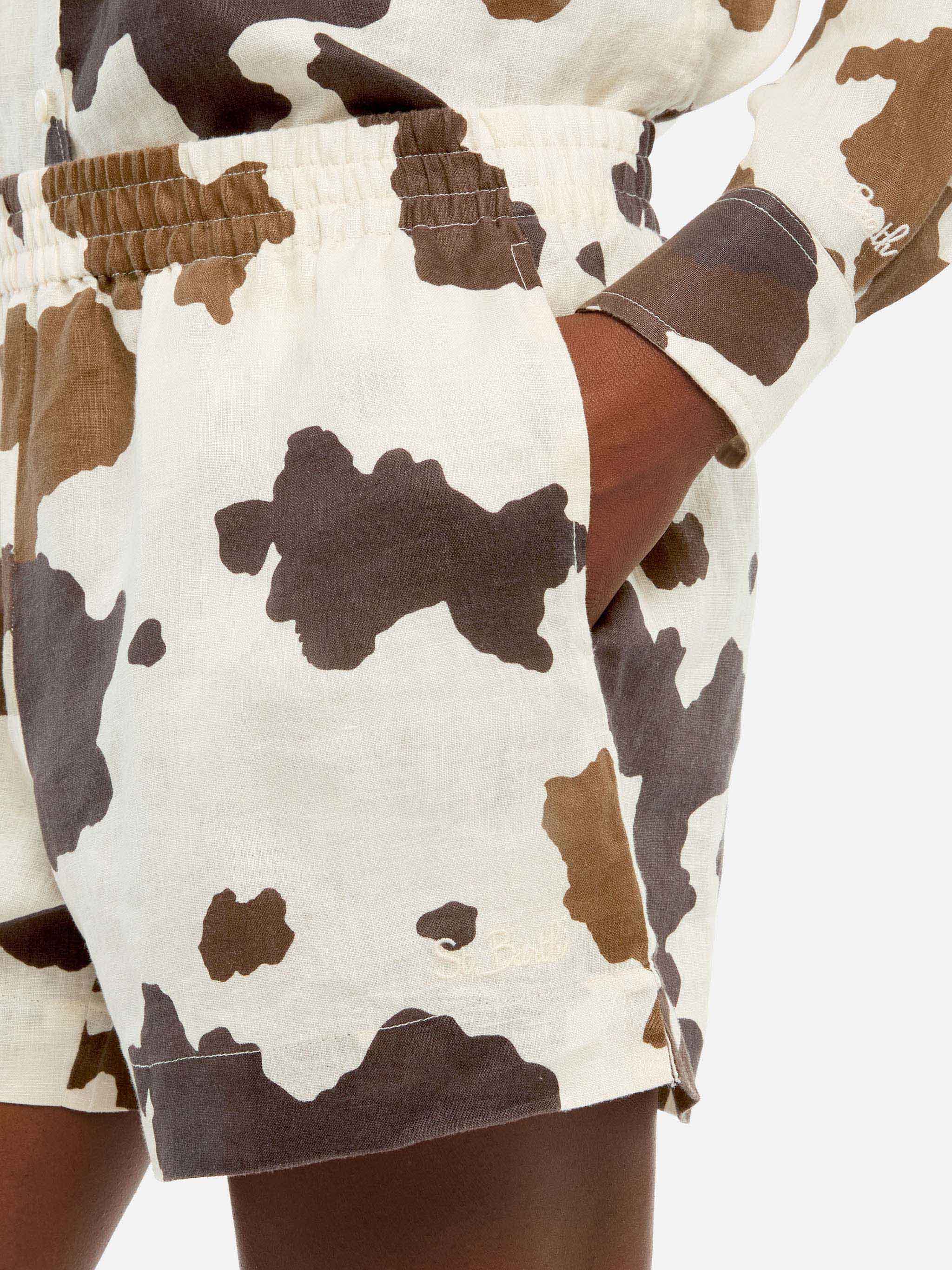 Meave Linen Pull Up Shorts With Cow Skin Print White Pant