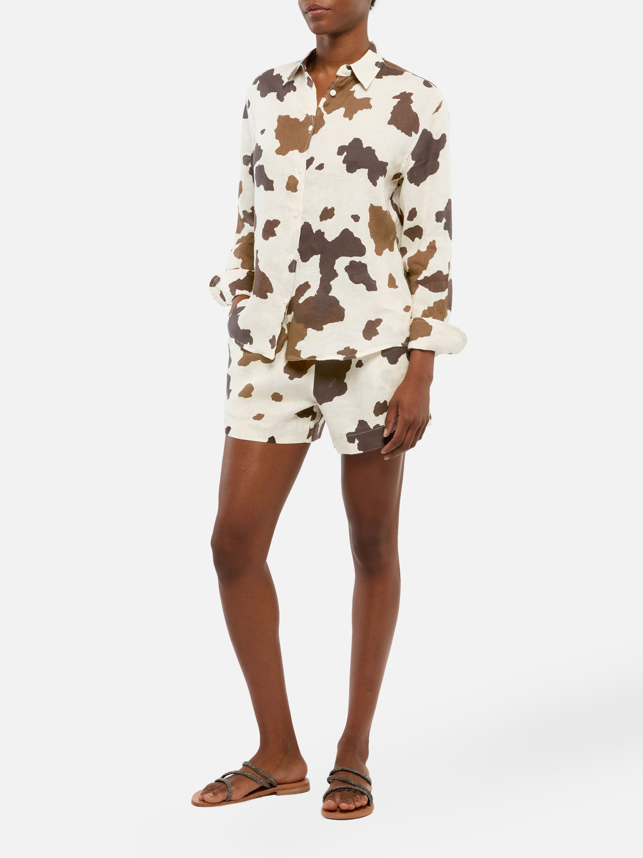 Meave Linen Pull Up Shorts With Cow Skin Print White Pant