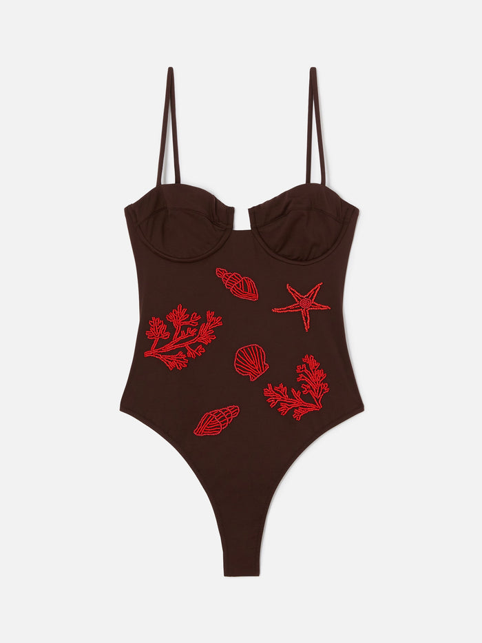 Medea One-Piece Swimsuit Brown With Beaded Sea-Themed Decorations One Piece