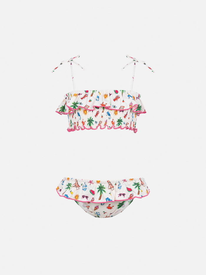 Melie Smocked Point Embroidery Bikini With Ruffle White