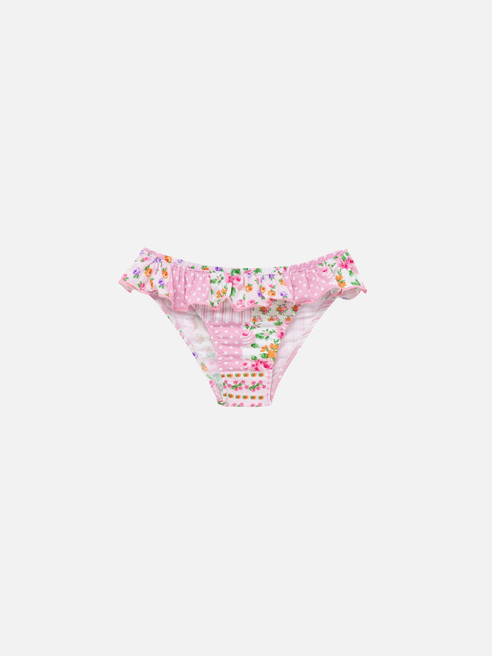 Melly Ruffled Swim Briefs With Flower Patch Print Pink Bottom