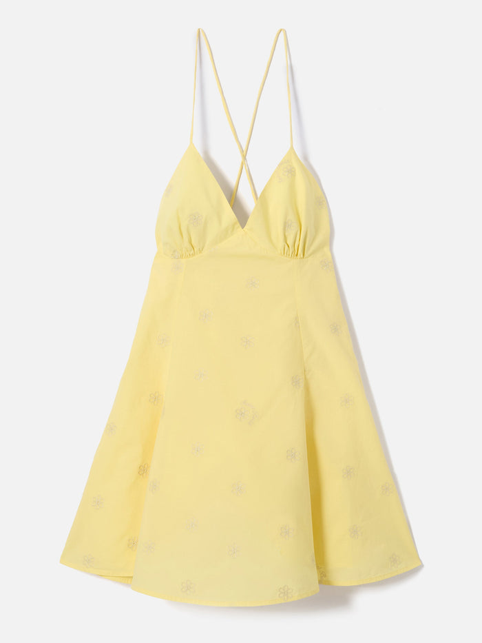 Short Marge Dress Yellow Cotton With Floral Embroidery