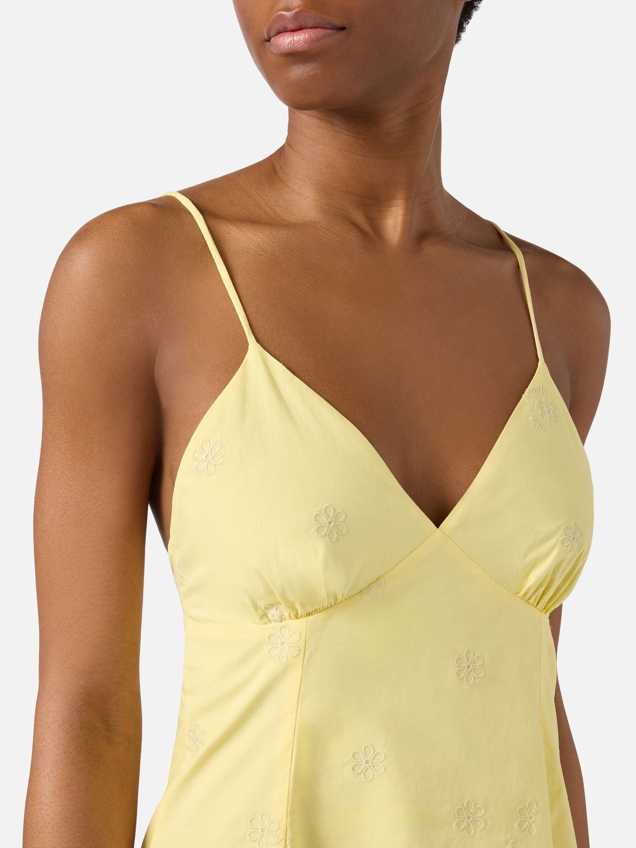 Short Marge Dress Yellow Cotton With Floral Embroidery