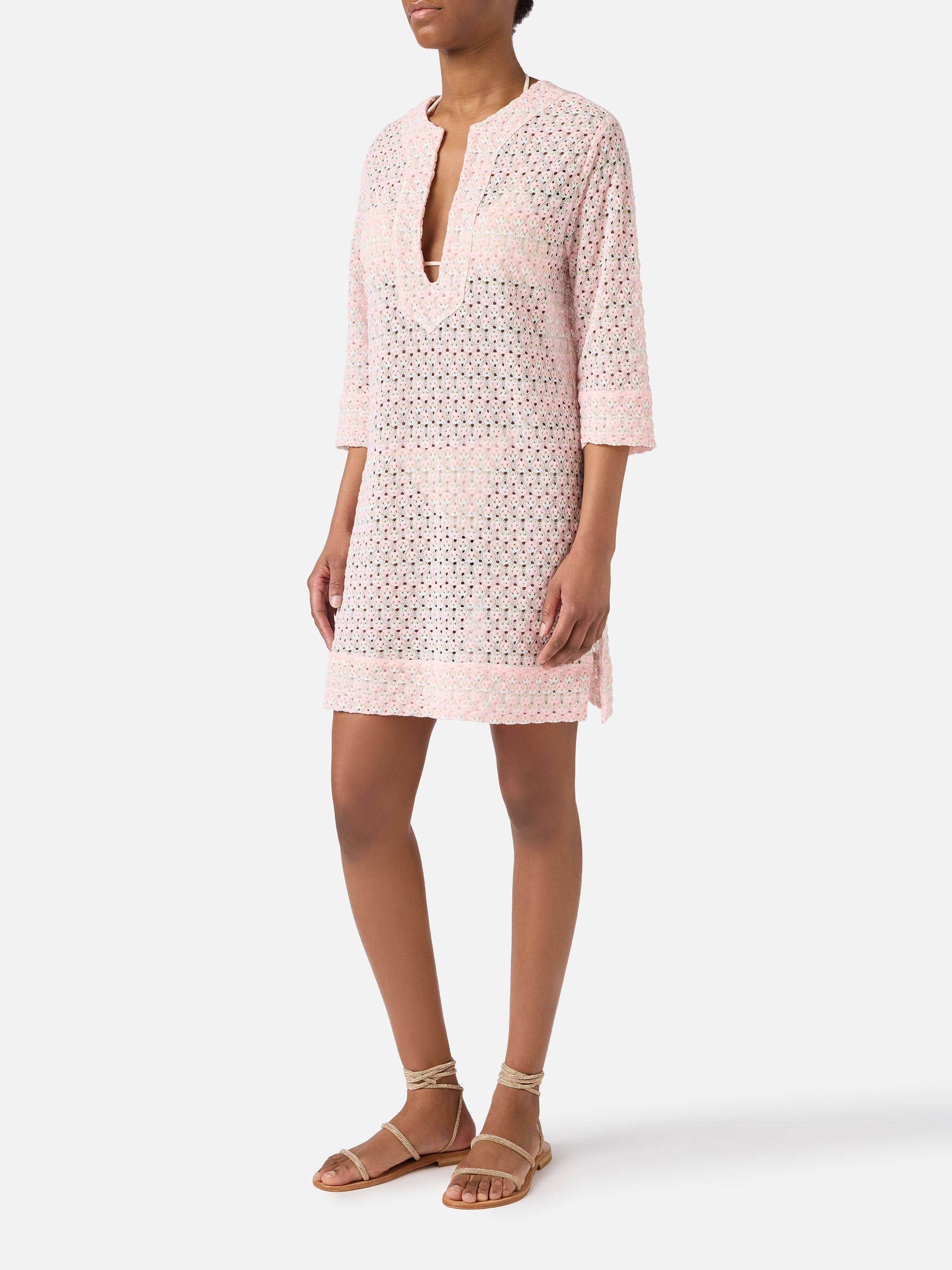 Short Macha Dress Raschel Fabric With Floral Motif Pink