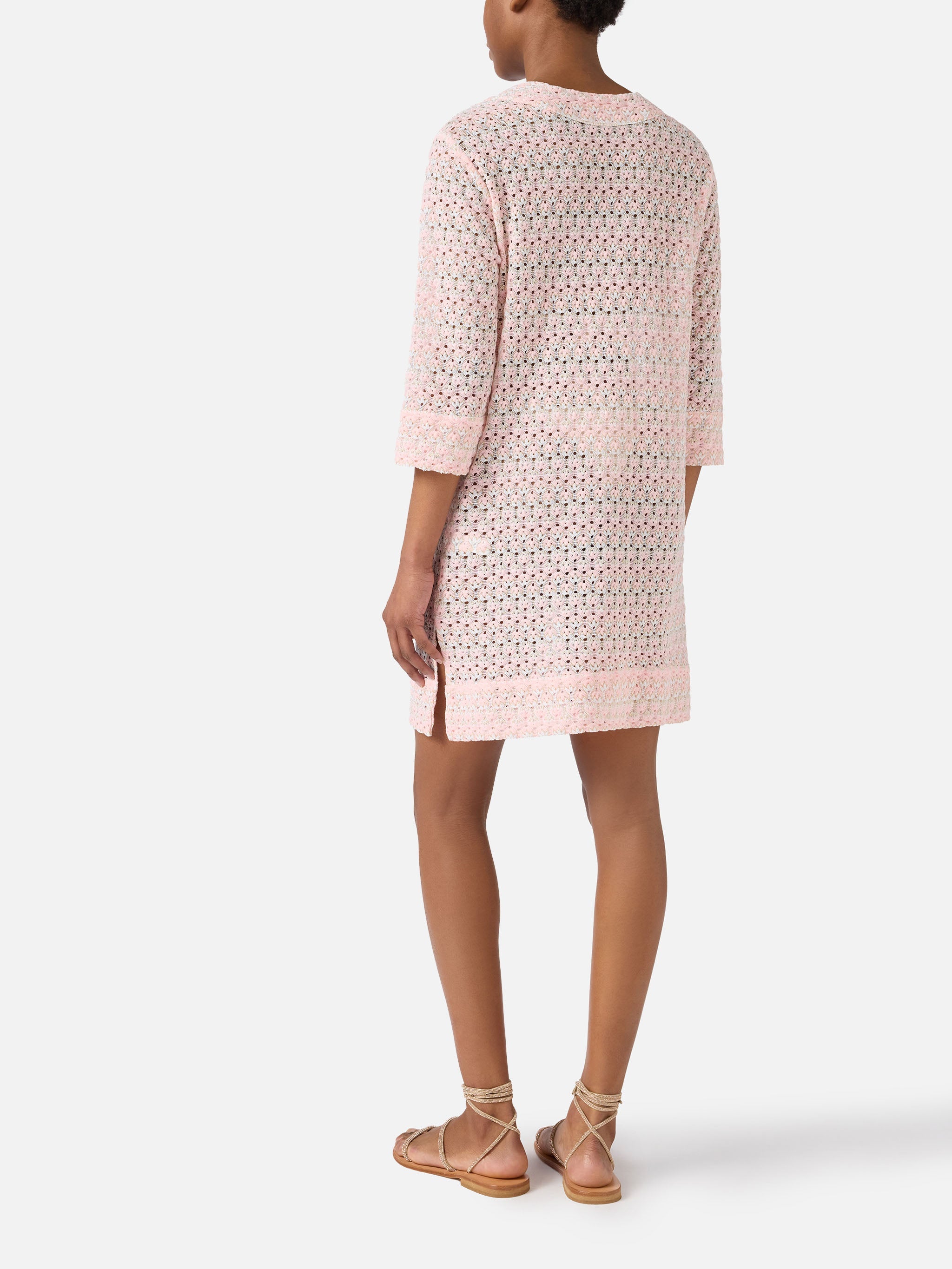 Short Macha Dress Raschel Fabric With Floral Motif Pink