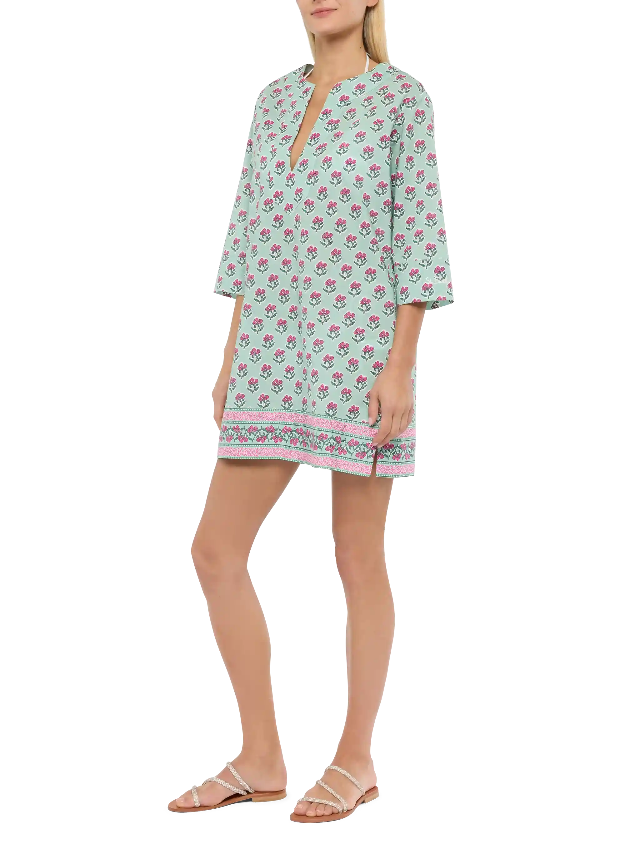 Macha Cotton Tunic Dress With Floral Print Green