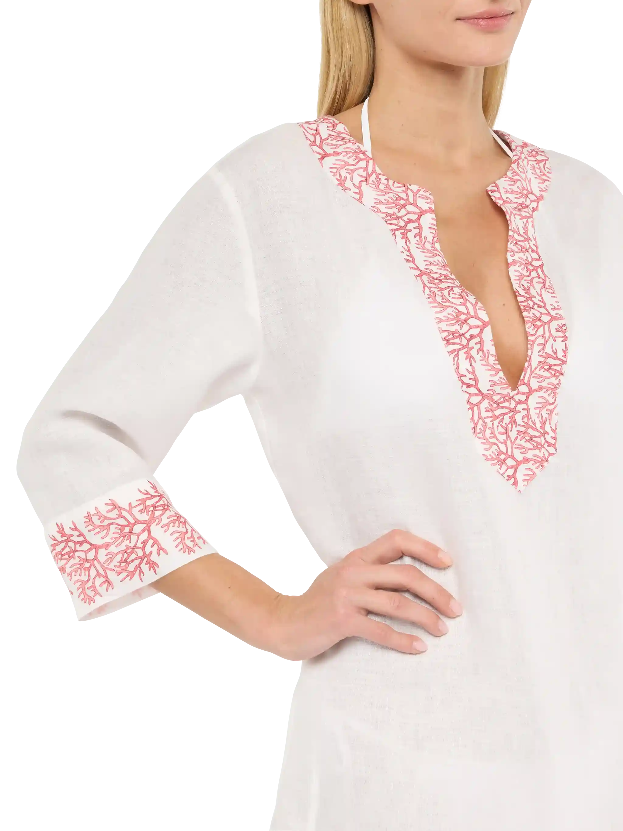 Macha Linen Tunic Dress With Coral Print White