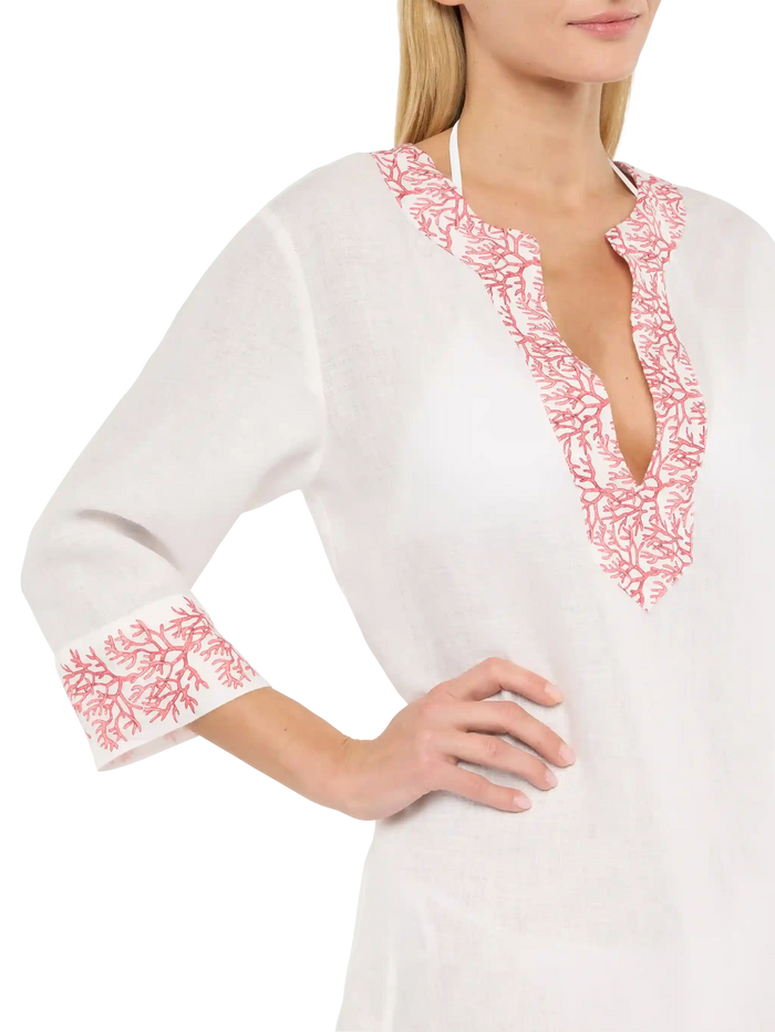 Macha Linen Tunic Dress With Coral Print White