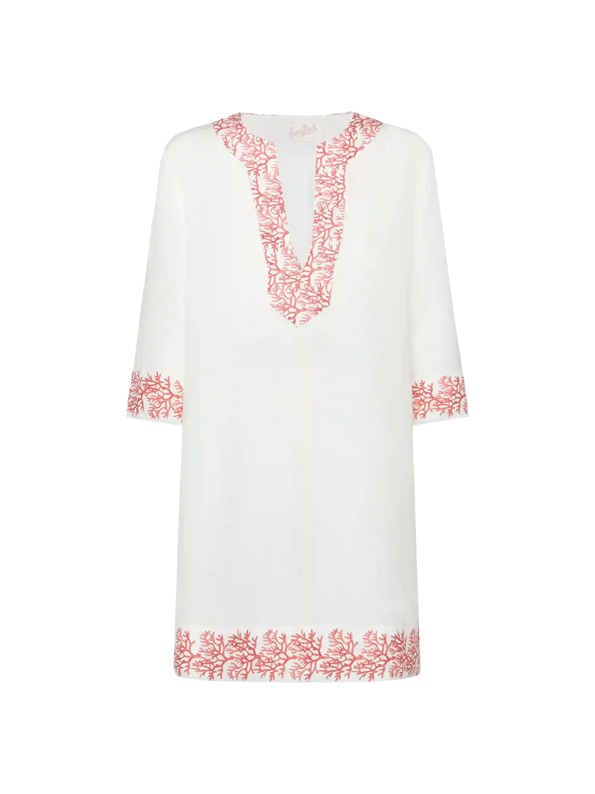 Macha Linen Tunic Dress With Coral Print White