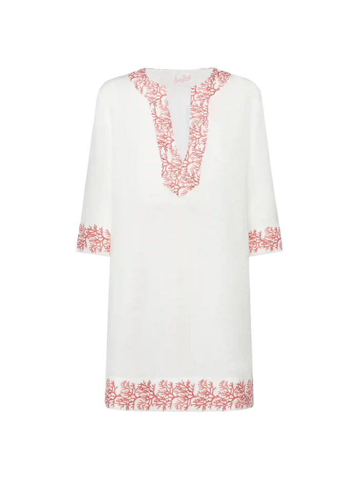 Macha Linen Tunic Dress With Coral Print White