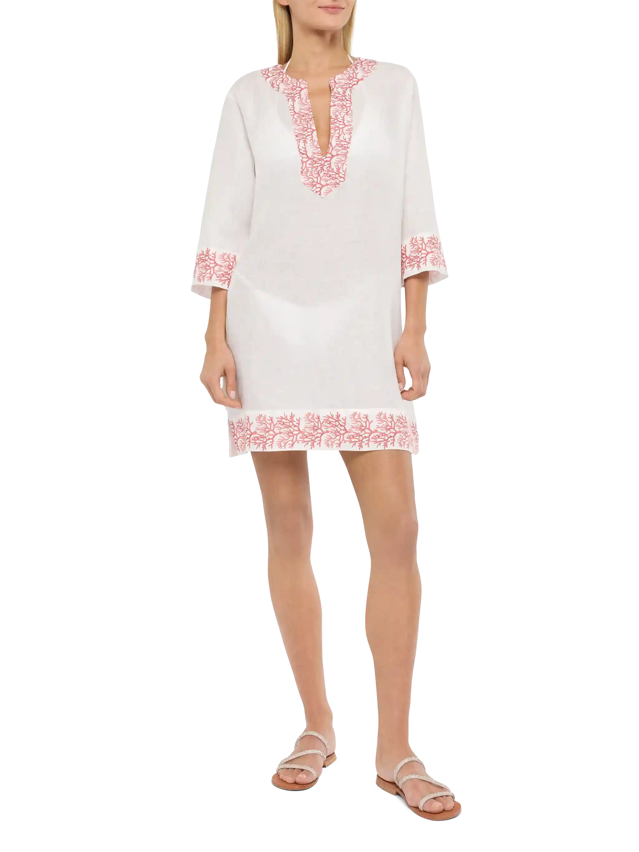 Macha Linen Tunic Dress With Coral Print White