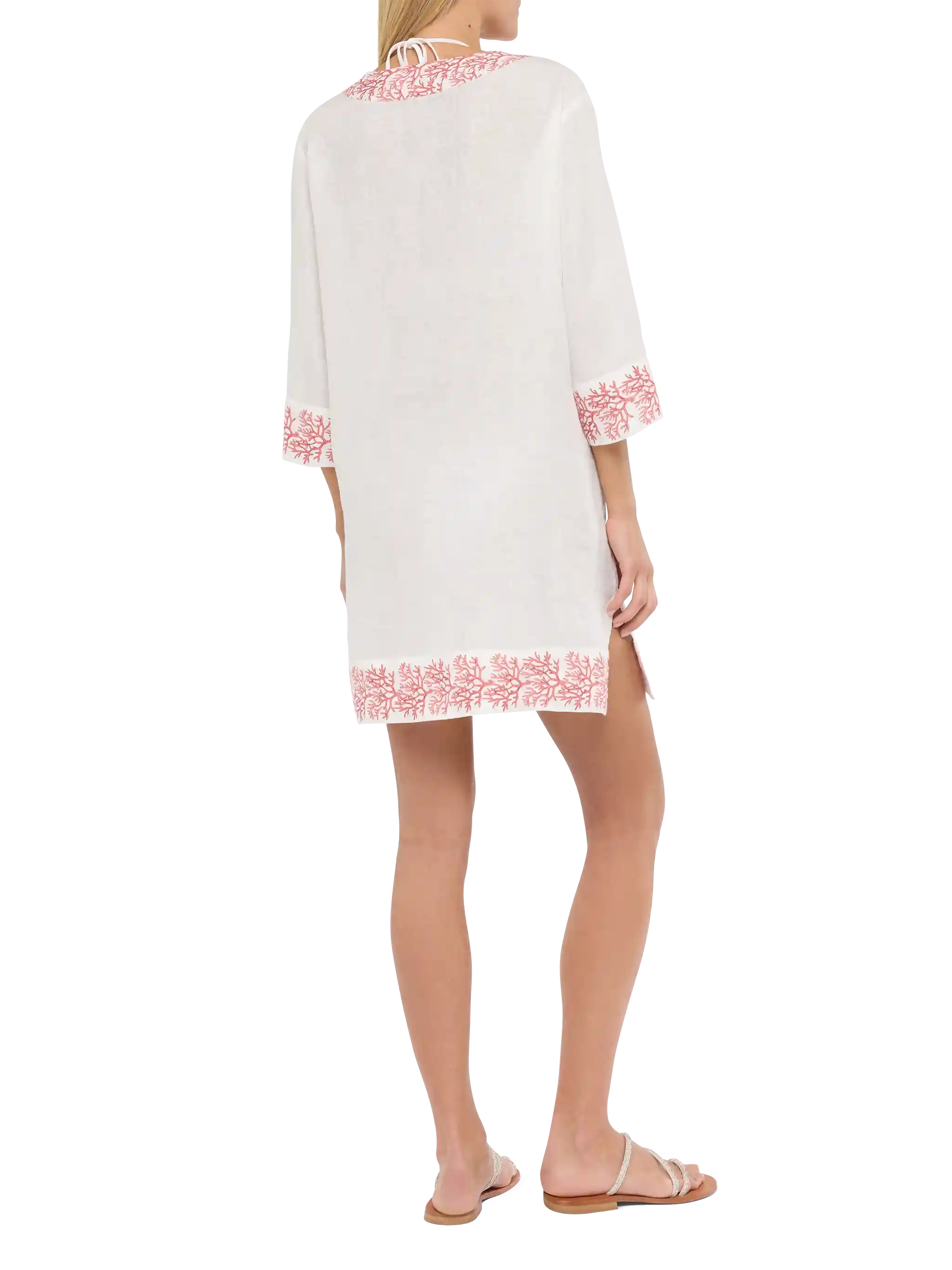 Macha Linen Tunic Dress With Coral Print White