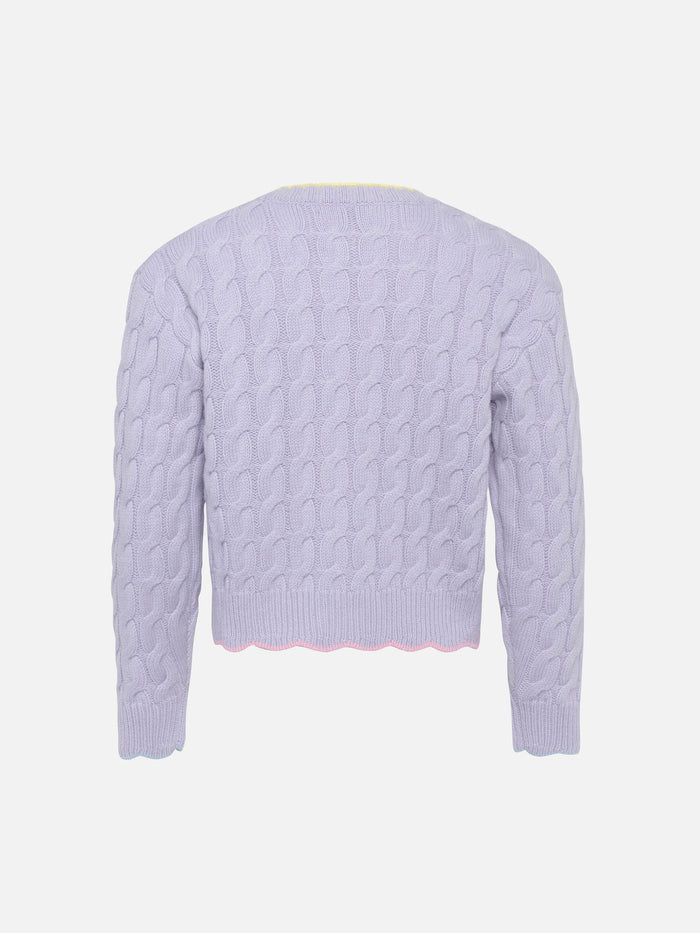 Girl Lilac Wavy Cable Knit Cardigan Mallery With Contrast Buttons And Details