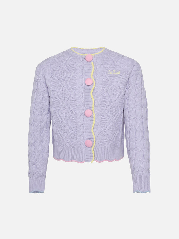 Girl Lilac Wavy Cable Knit Cardigan Mallery With Contrast Buttons And Details