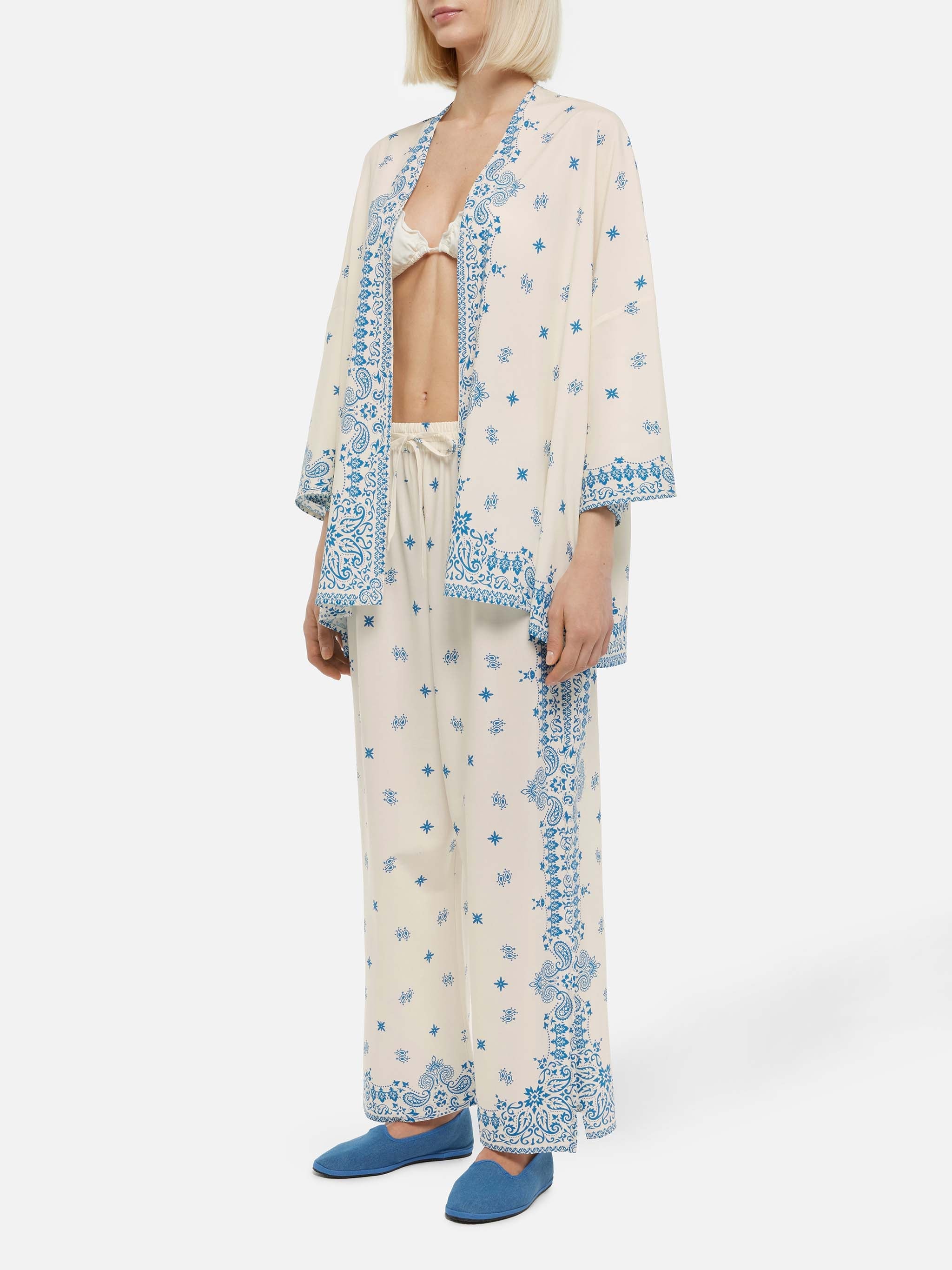 Milos Kimono Jacket With Bandana Placed Print White Beach Robe