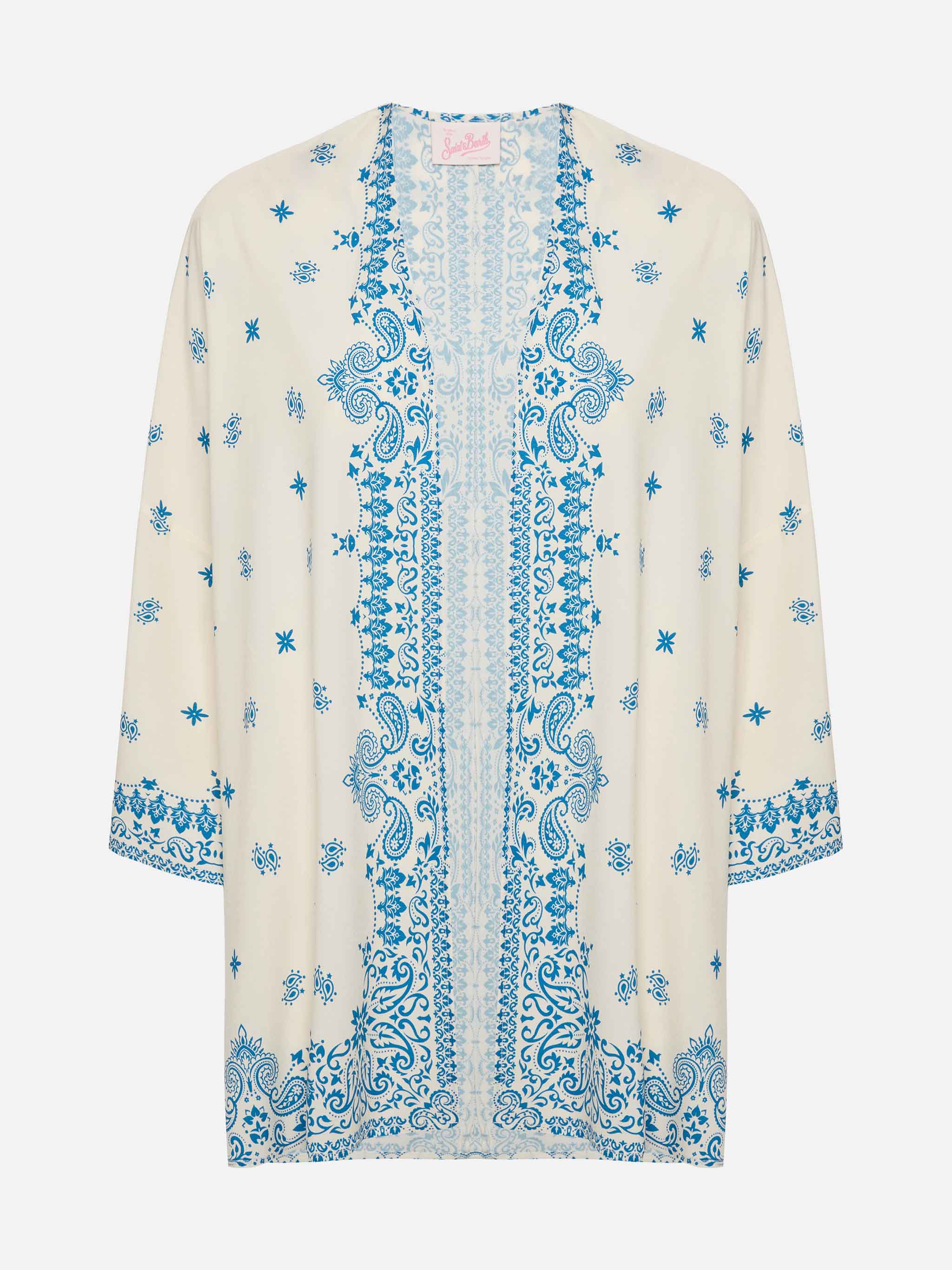 Milos Kimono Jacket With Bandana Placed Print White Beach Robe