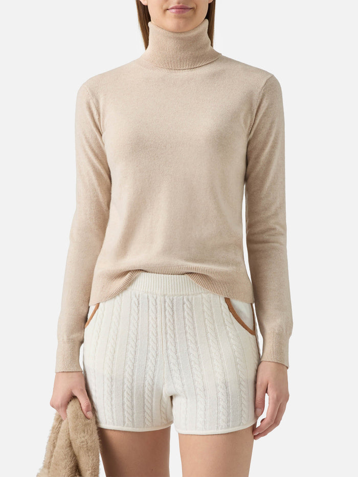 Moody Turtleneck Sweater Cashmere Beige Melange With St. Barth Embroidery Brown