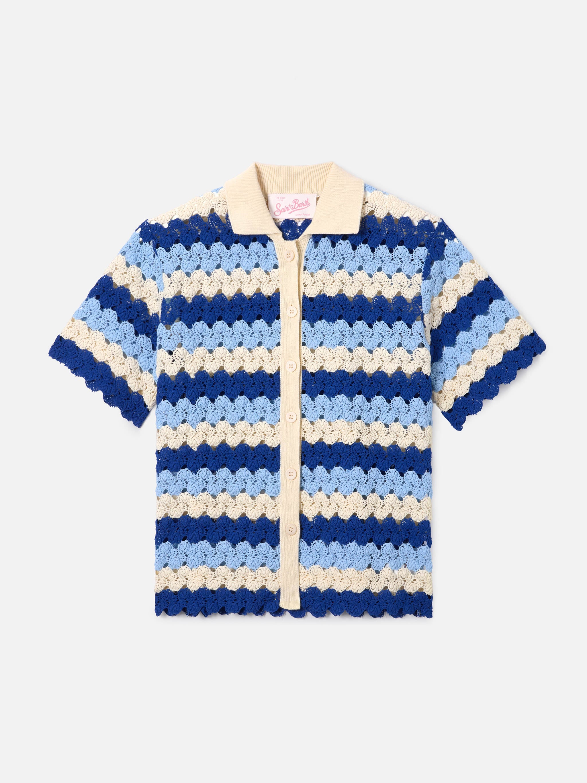 Monet Crochet-Effect Cotton Knit Polo With Striped Pattern Blue Shirt