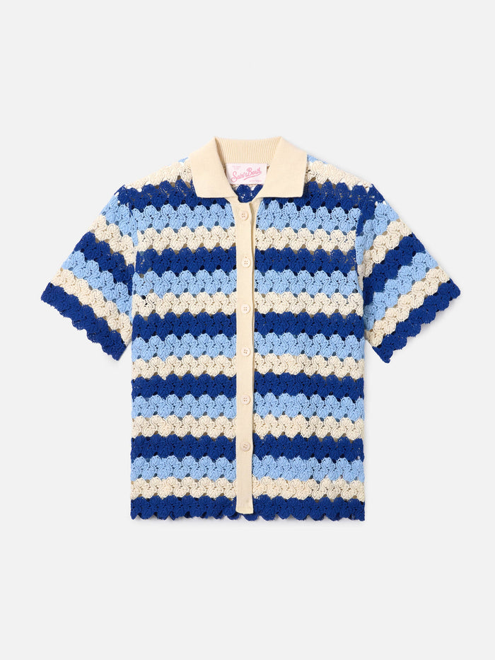 Monet Crochet-Effect Cotton Knit Polo With Striped Pattern Blue Shirt