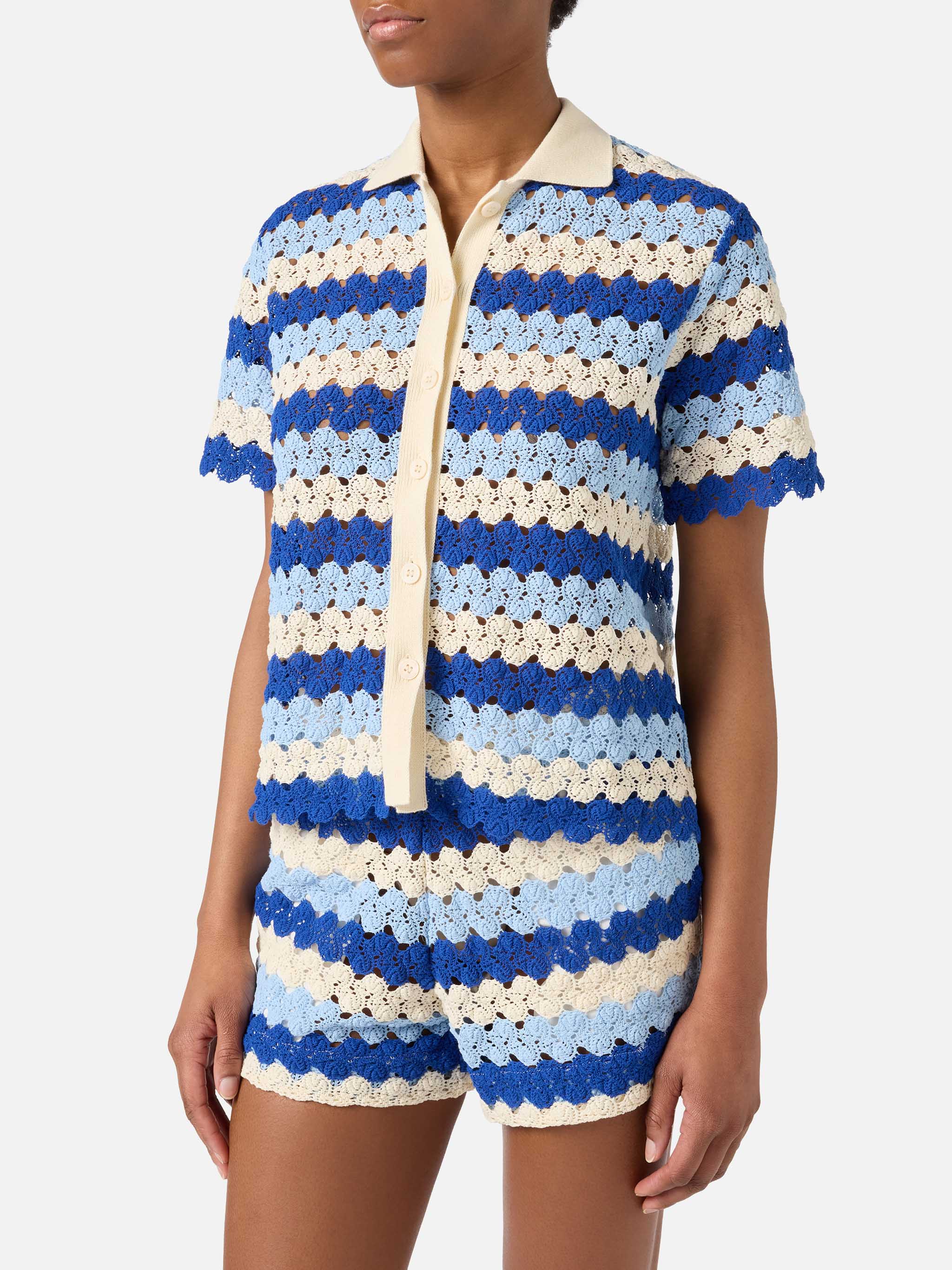 Monet Crochet-Effect Cotton Knit Polo With Striped Pattern Blue Shirt