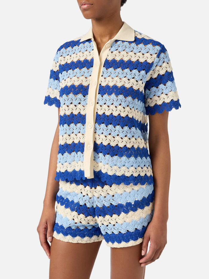 Monet Crochet-Effect Cotton Knit Polo With Striped Pattern Blue Shirt