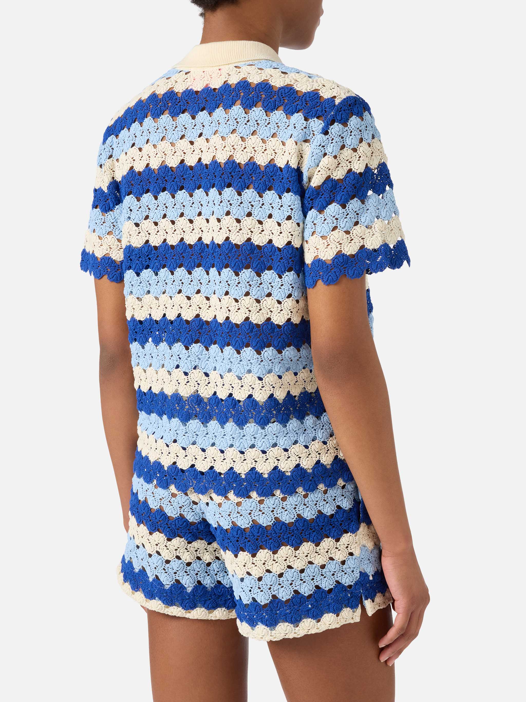 Monet Crochet-Effect Cotton Knit Polo With Striped Pattern Blue Shirt
