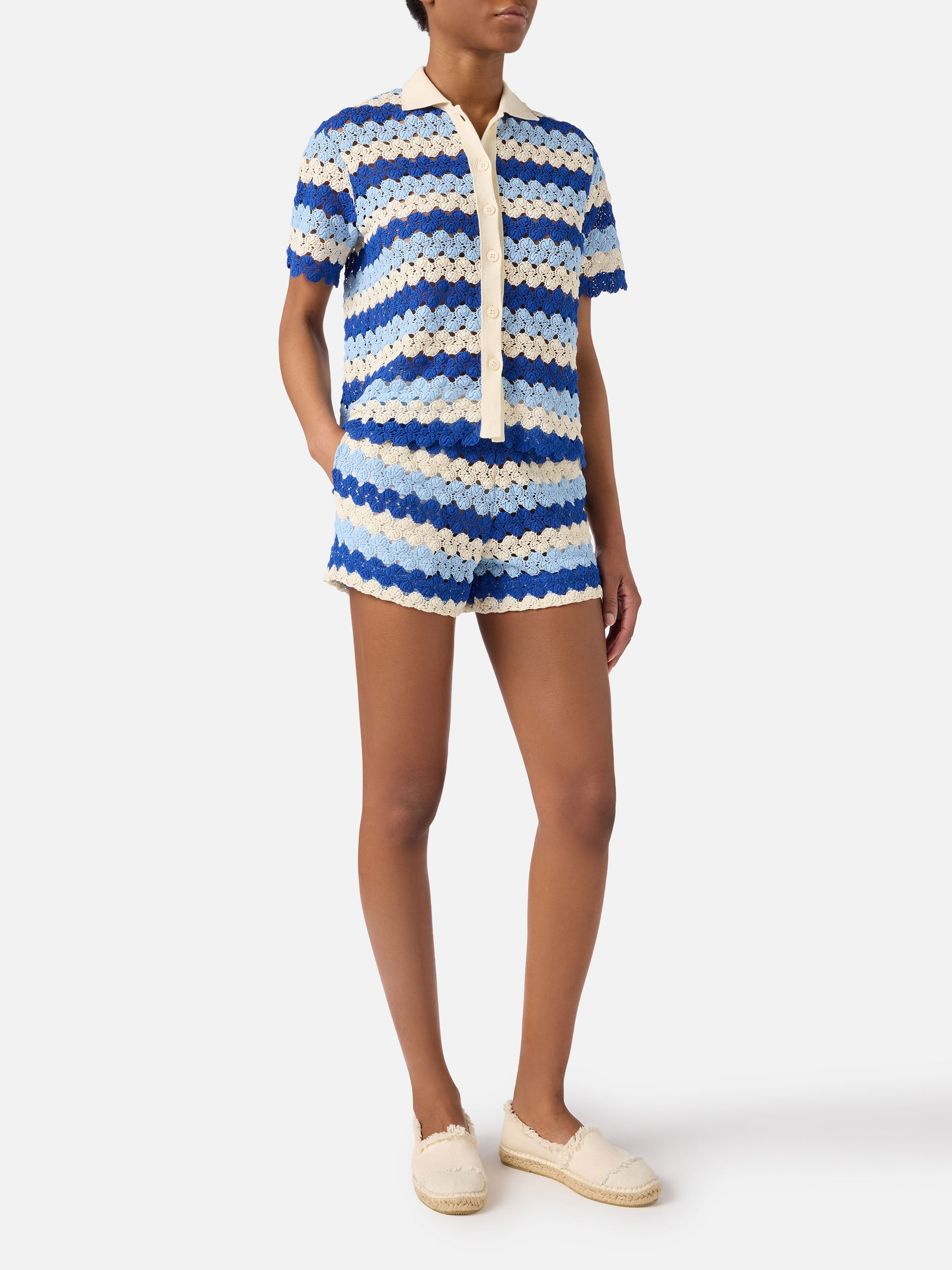Monet Crochet-Effect Cotton Knit Polo With Striped Pattern Blue Shirt
