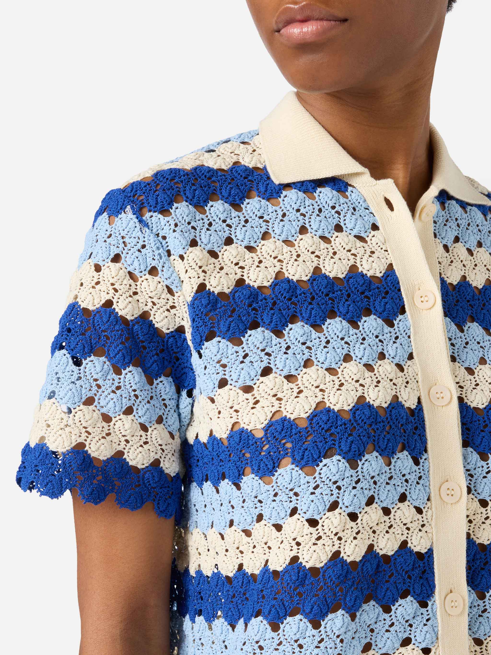 Monet Crochet-Effect Cotton Knit Polo With Striped Pattern Blue Shirt
