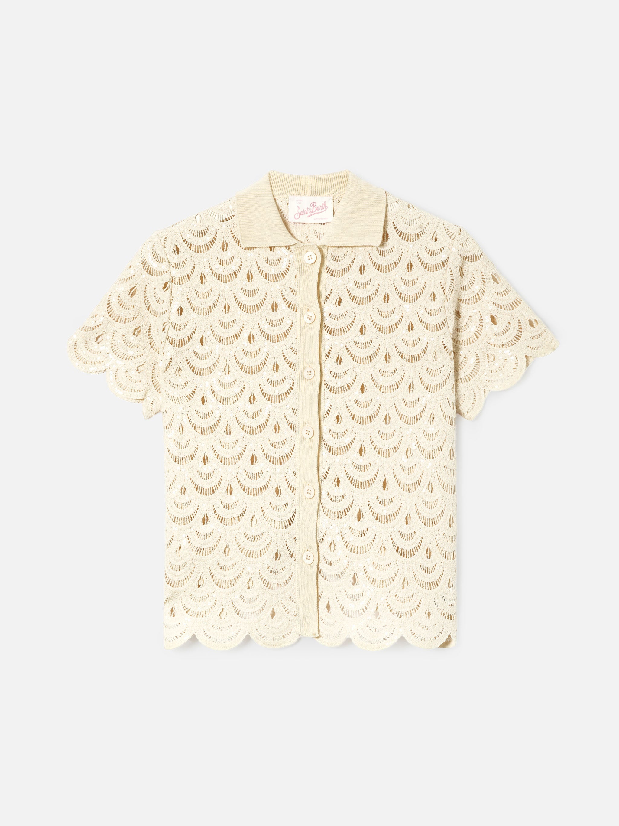 Meave Crochet-Effect Cotton Knit Polo With Sequins White Shirt