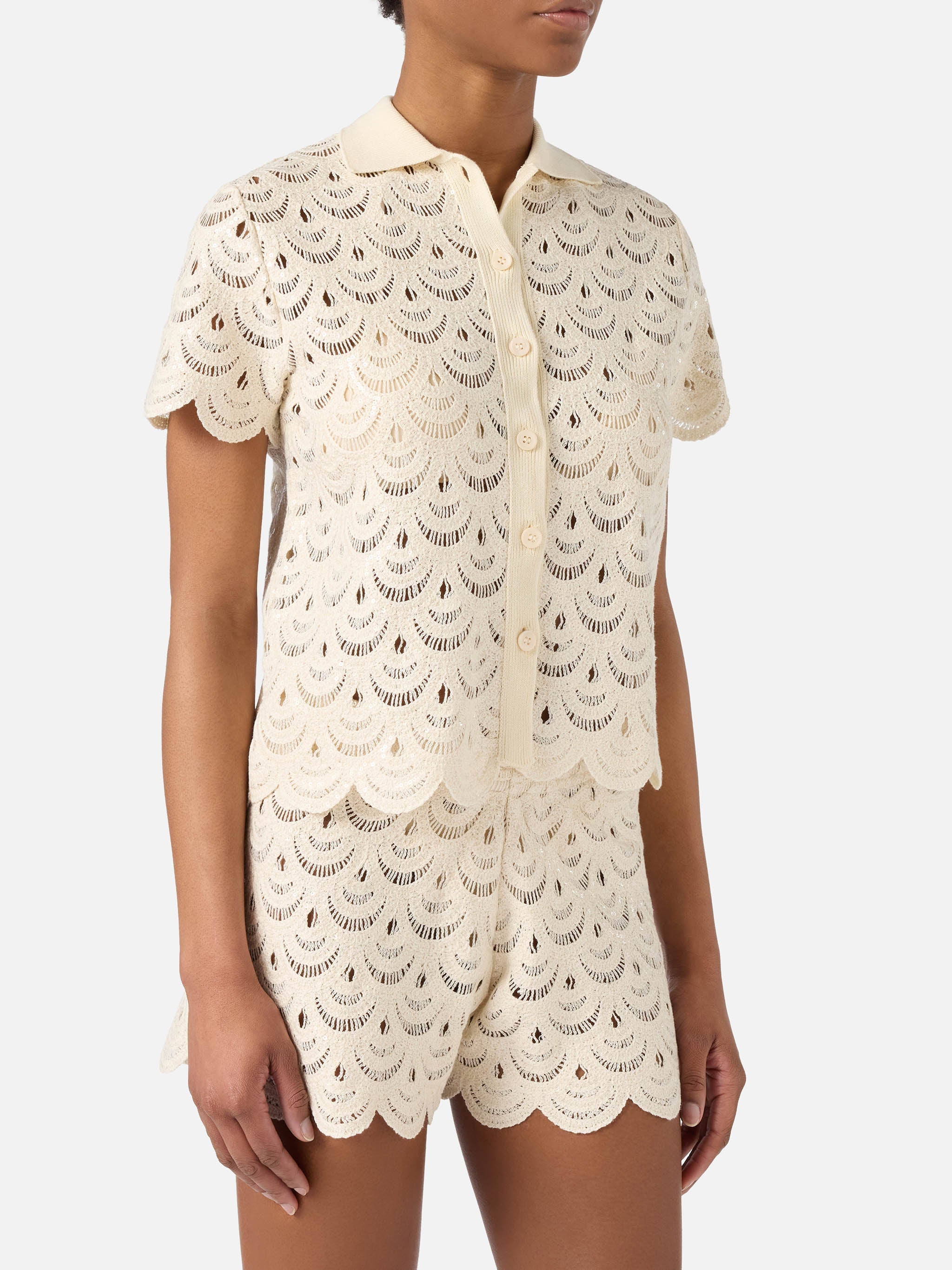 Meave Crochet-Effect Cotton Knit Polo With Sequins White Shirt