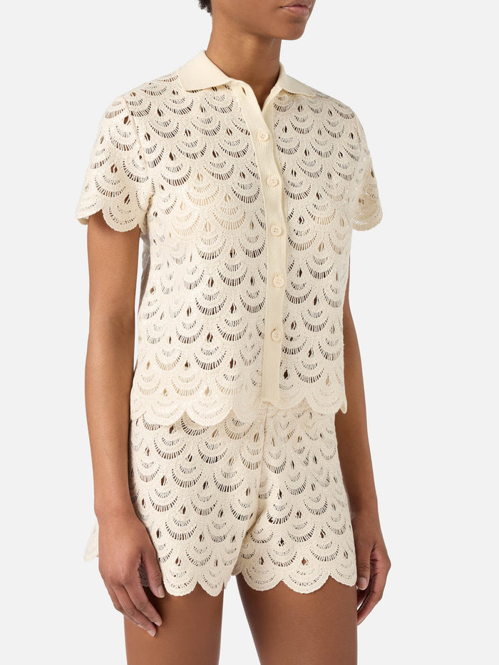 Meave Crochet-Effect Cotton Knit Polo With Sequins White Shirt