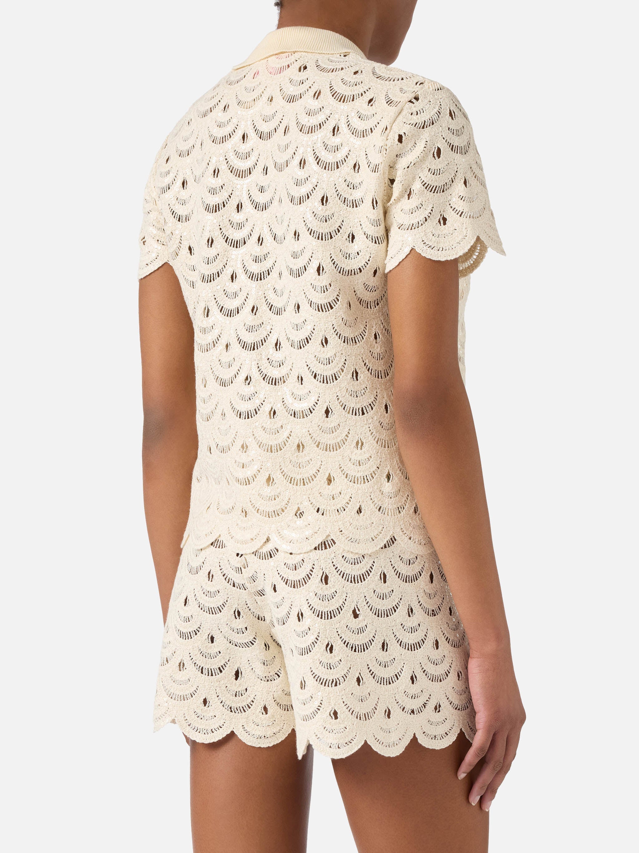 Meave Crochet-Effect Cotton Knit Polo With Sequins White Shirt