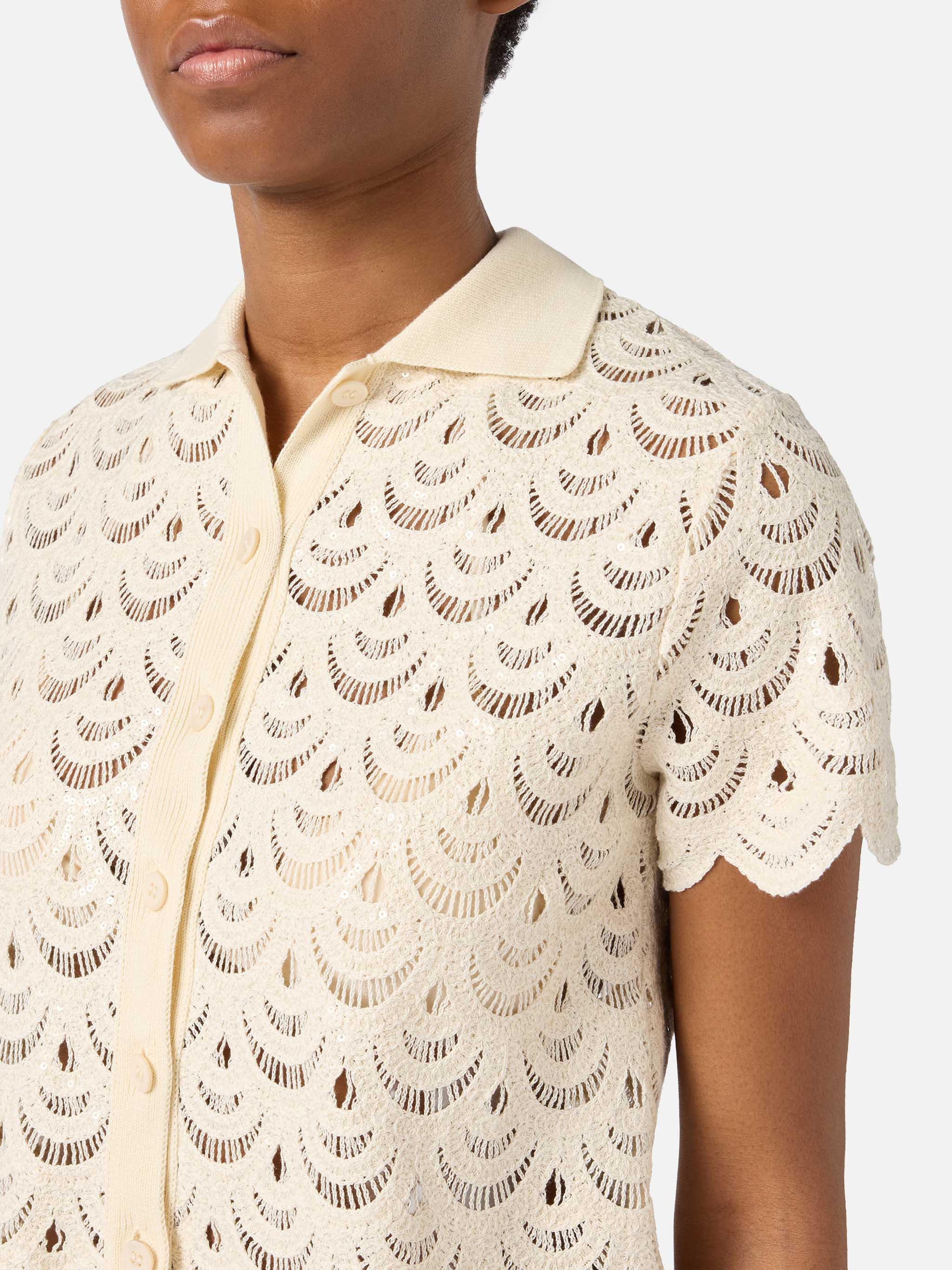 Meave Crochet-Effect Cotton Knit Polo With Sequins White Shirt