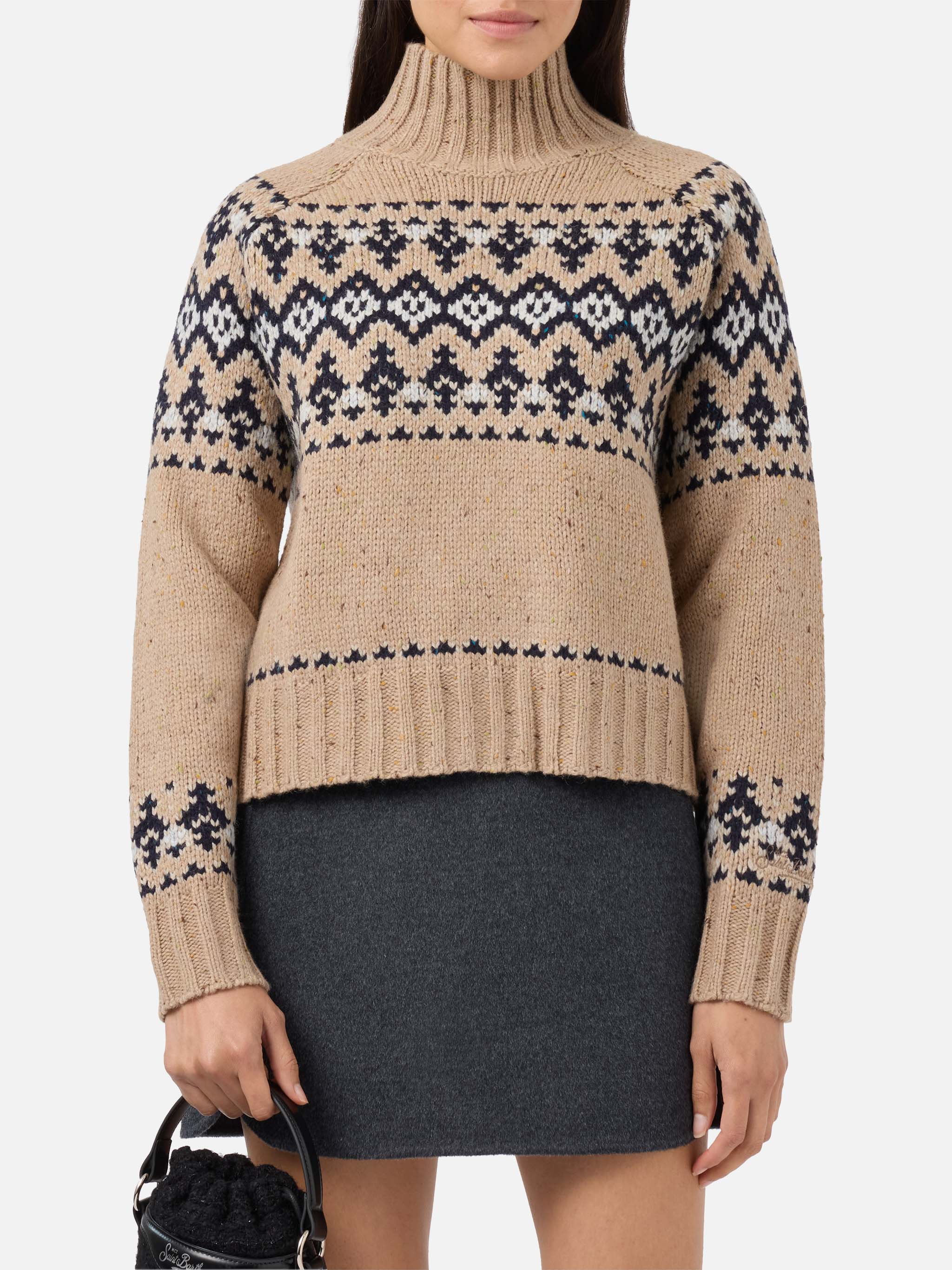 Beige Myra Donegal Wool Blend Sweater With Fair Isle Jacquard Camel