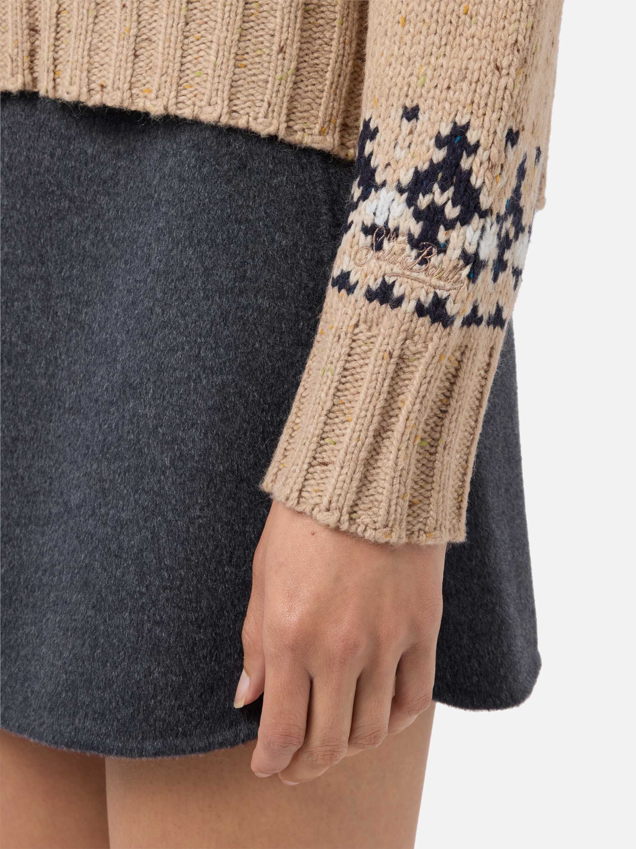 Beige Myra Donegal Wool Blend Sweater With Fair Isle Jacquard Camel