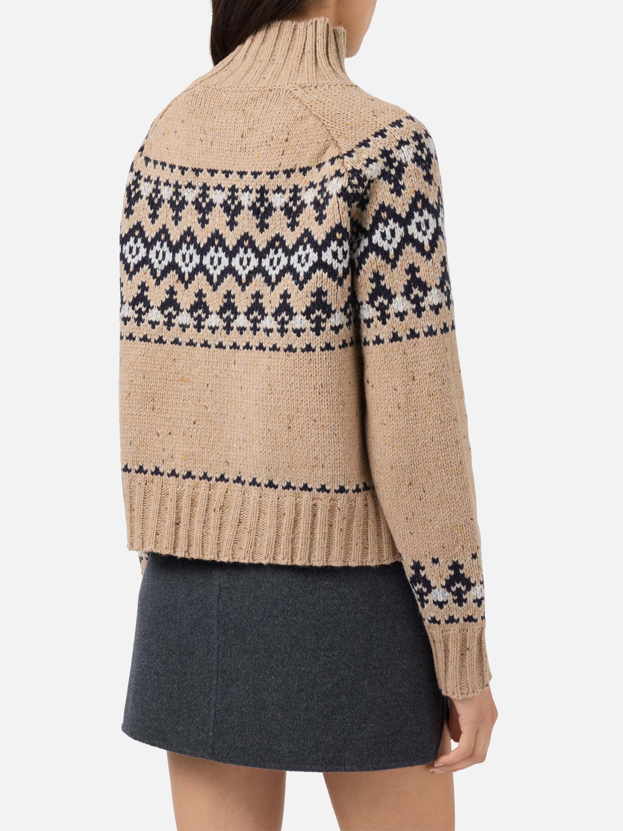 Beige Myra Donegal Wool Blend Sweater With Fair Isle Jacquard Camel