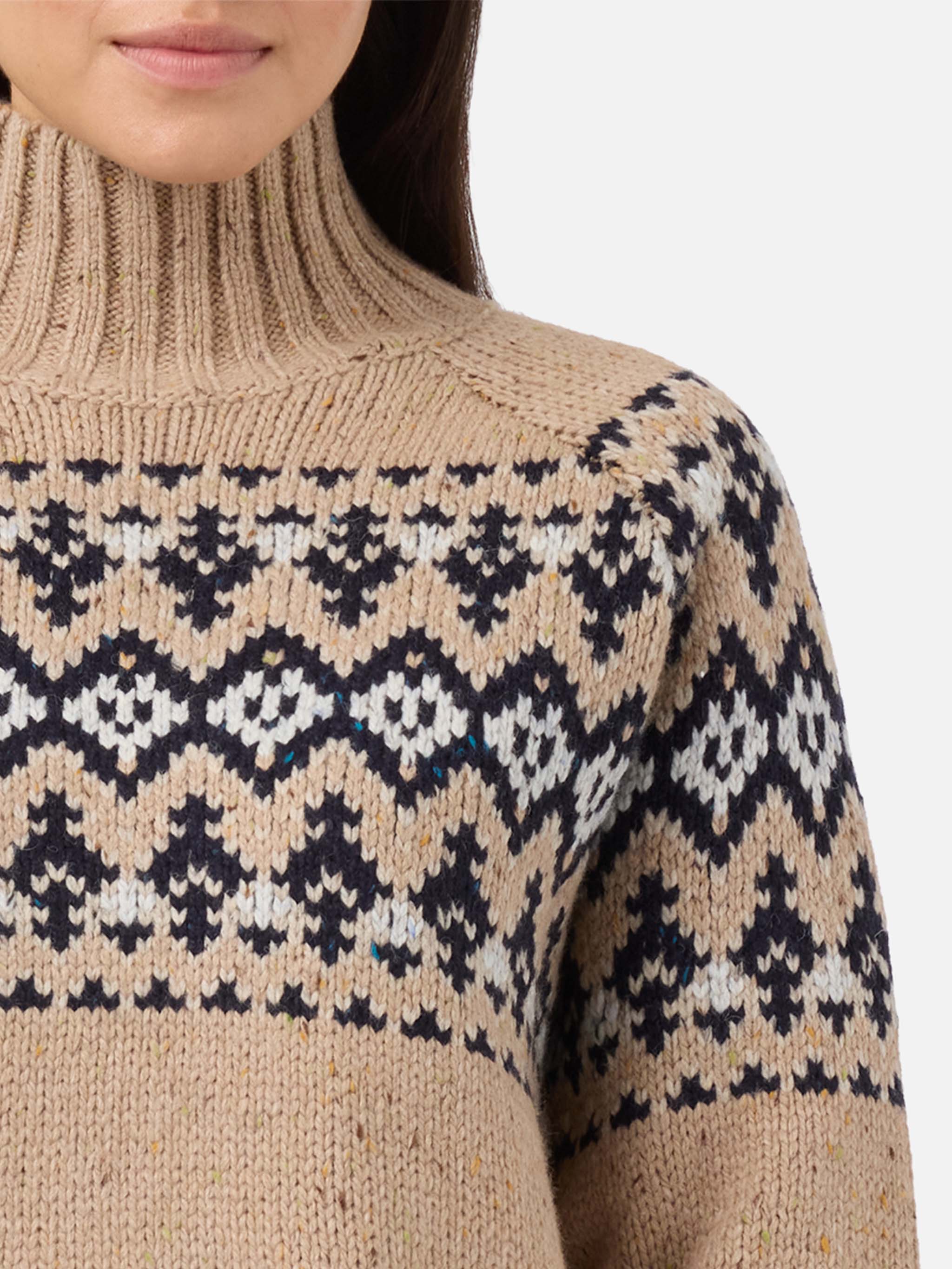 Beige Myra Donegal Wool Blend Sweater With Fair Isle Jacquard Camel