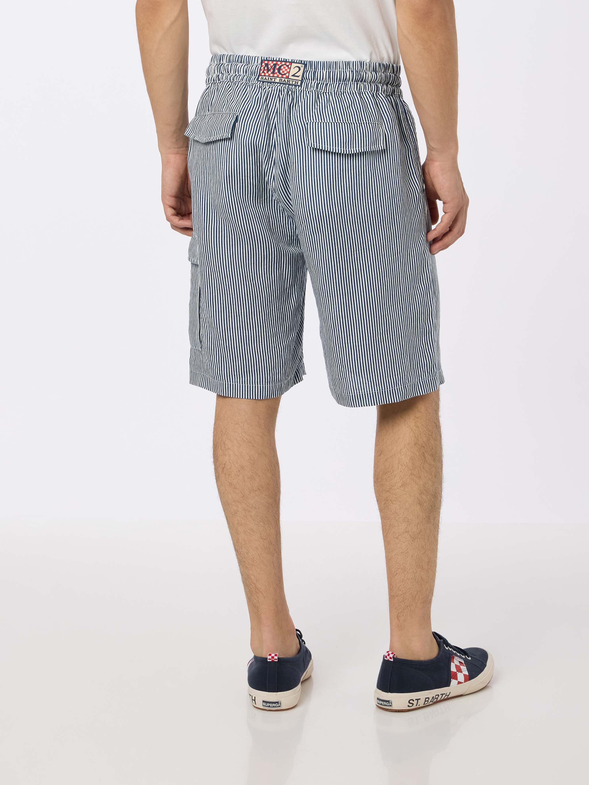 Man Blue Striped Linen Bermuda Marseille Short Pant