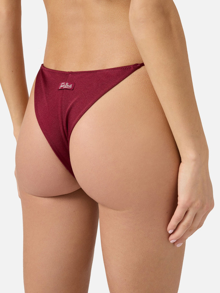 Marielle Brazilian Bikini Bottoms Burgundy Glossy-Finish Fabric With Charm Details Red Bottom