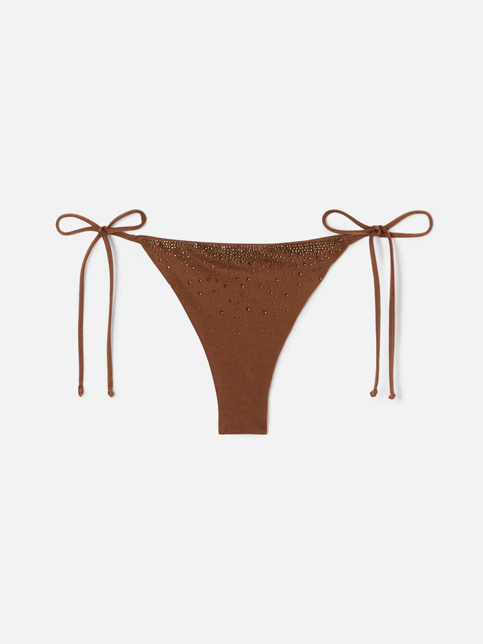 Marielle Brazilian Bikini Bottoms Brown Glossy-Finish Fabric With Rhinestones Bottom