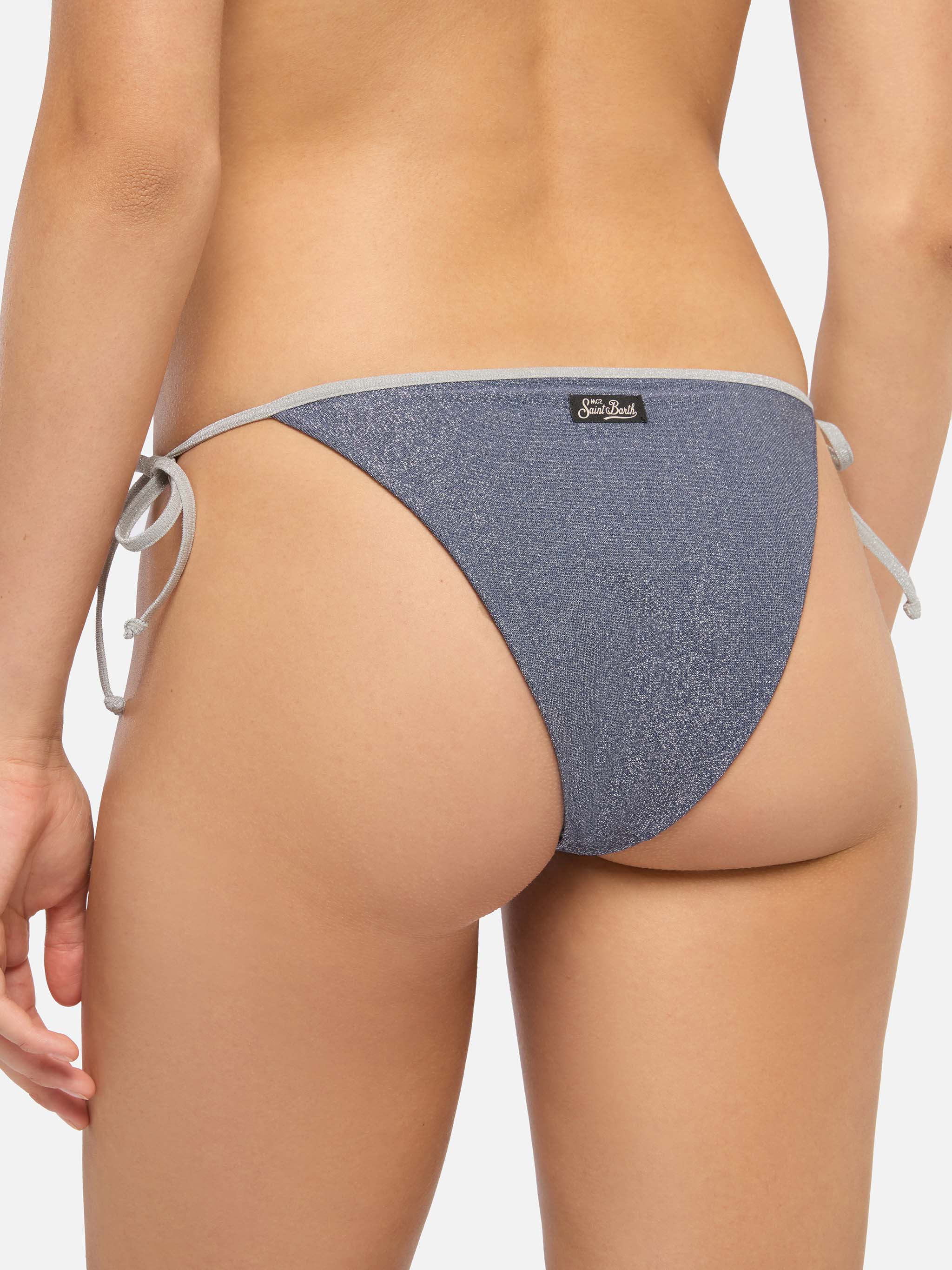 Marielle Avio Blue Lurex Classic Swim Briefs With Silver Piping Bottom