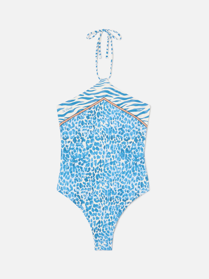 Meryem One-Piece Swimsuit With Light Blue Leopard Animal Print White One Piece