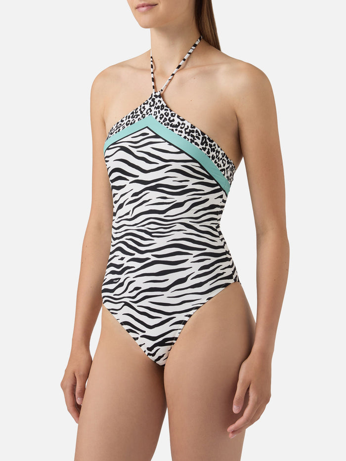 Meryem One-Piece Swimsuit With Black Zebra Animal Print Green One Piece