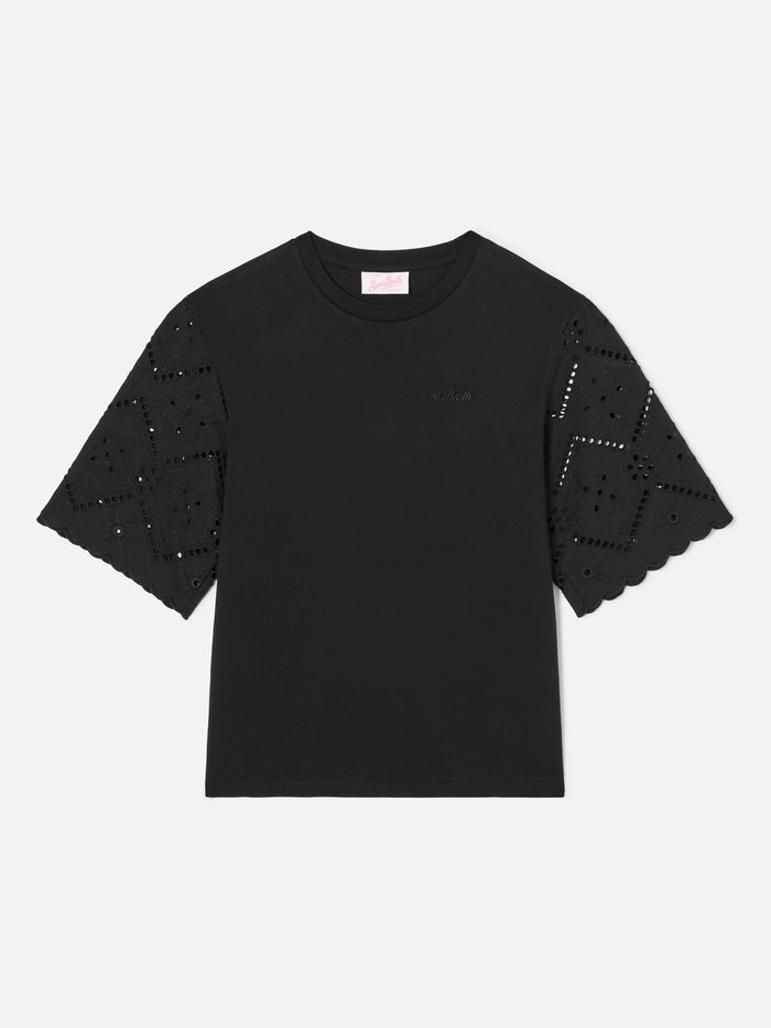 Black Maisa T-Shirt With Sangallo Sleeves And St. Barth Embroidery