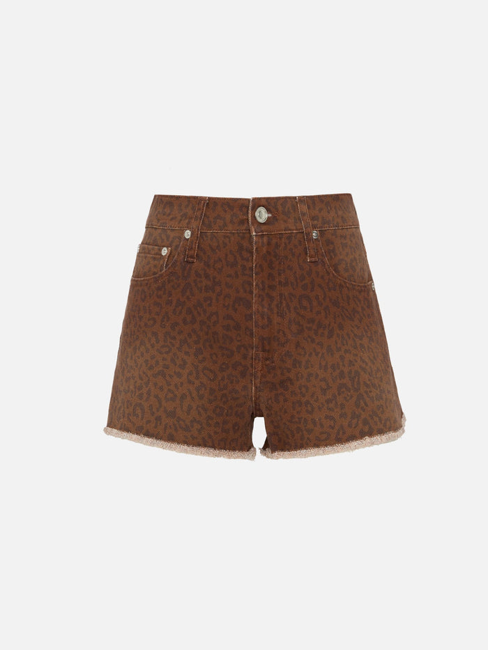 Musa Denim Shorts With Animalier Print Brown Pant
