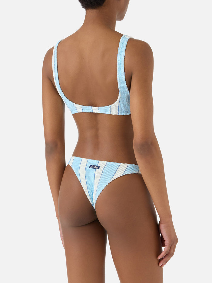 Naomi Brazilian Bikini Bottoms Light Blue And White Striped Crinkle Fabric Bottom